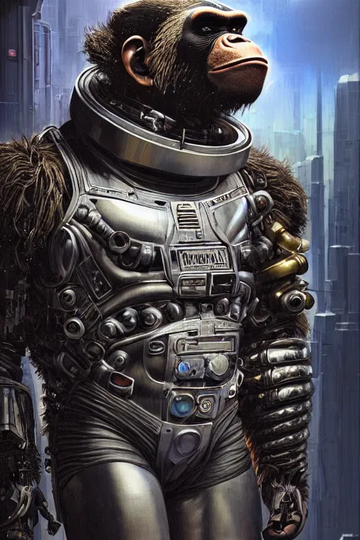 Image similar to a portrait of a muscular anthropomorphic cyberpunk chimp in spacesuit armor with ensignia on chest plate by sandra chevrier, by jon foster, detailed render, post - processing, extremely hyperdetailed, intricate, epic composition, cybernetics, 4 k realistic, cryengine, realistic shaded lighting, sharp focus, masterpiece, by enki bilal