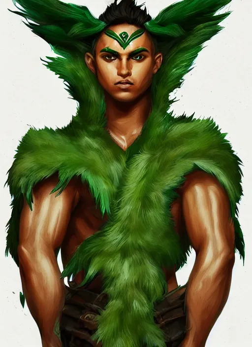 Image similar to a highly detailed illustration of fierce attractive young tanned green haired tribal boy wearing green wolf cape, heroic wielding club pose, muscular, intricate, elegant, highly detailed, centered, digital painting, artstation, concept art, smooth, sharp focus, league of legends concept art, wlop