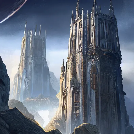 Image similar to beautiful illustration of a beautiful painted of the two towers, science fiction, 4 k detailed, crystal lighting, highly detailed, hyperrealistic, unreal engine