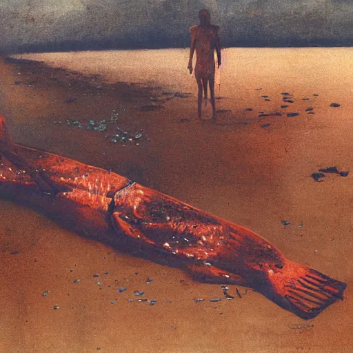 Image similar to decaying salmon on the beach after spawning, eaten by insects, by beksinski, dark vibes, 4 k, ultra realistic, highly detailed.