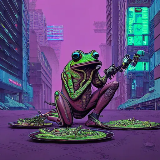 Prompt: A cyberpunk frog cyborg eats on the street of a cyberpunk city art by Josan Gonzalez, sci-fi, highly detailed, digital painting, artstation, smooth, sharp focus, illustration, concept art by Josan Gonzalez and James Gurney and Mœbius