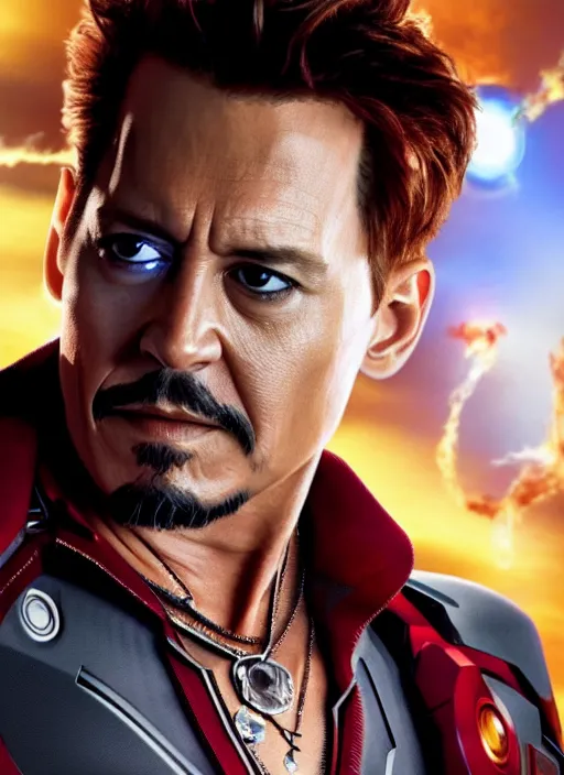 Image similar to film still of Johnny Depp as Tony Stark in Iron Man, 4k