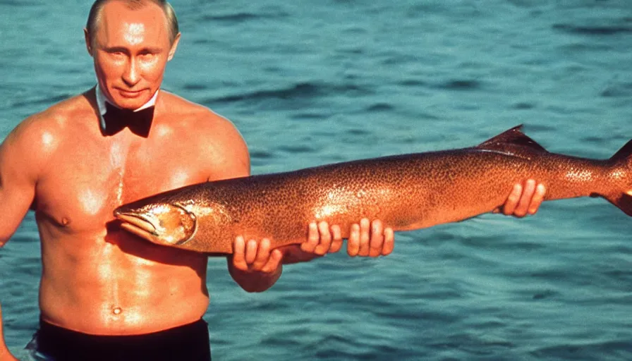 Prompt: 7 0 s movie still of putin in speedo, proudly holding a salmon, focus on face. cinestill 8 0 0 t _ 3 5 mm eastmancolor, heavy grain, high quality, high detail