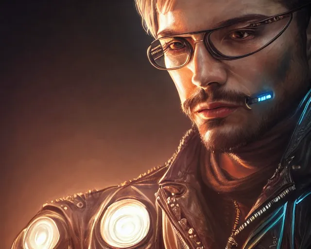 Prompt: highly detailed photorealistic man with a cyberpunk leather jacket, deep focus, d & d, fantasy, intricate, elegant, highly detailed, digital painting, artstation, concept art, matte, sharp focus, illustration, hearthstone, art by artgerm and greg rutkowski and alphonse mucha