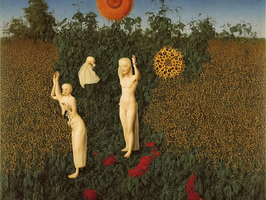 Image similar to Portrait of albino mystic, with wild exotic thorns, with burning sunflower field in the distance. Night. Painting by Jan van Eyck, Audubon, Rene Magritte, Agnes Pelton, Max Ernst, Walton Ford