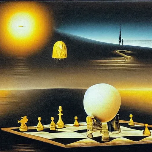 Image similar to a melting fried egg on a chessboard in a surreal landscape, surrealism, by Salvador Dali, intricate, complex, highly detailed, masterpiece