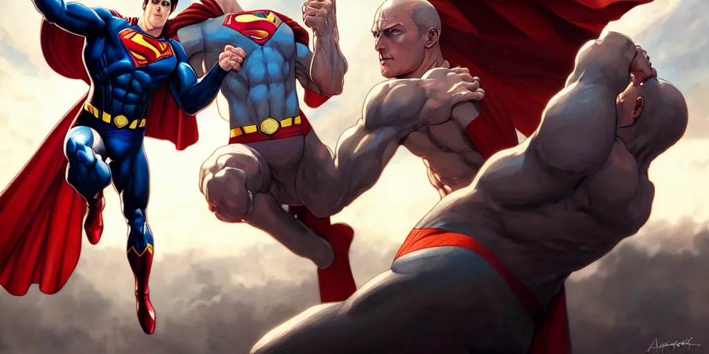 Image similar to ultra realistic illustration, handsome saitama vs superman. intricate, elegant, highly detailed, digital painting, artstation, concept art, smooth, sharp focus, illustration, art by artgerm and greg rutkowski and alphonse mucha and wlop