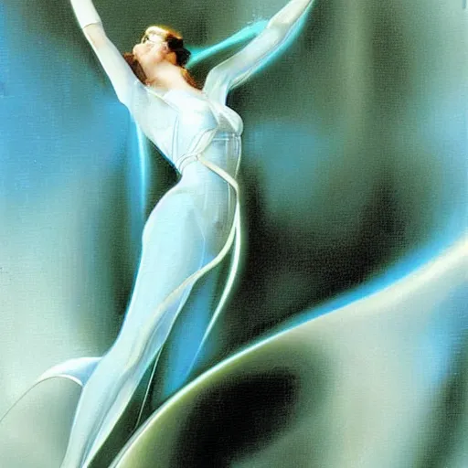 Image similar to A kinetic sculpture. A rip in spacetime. Did this device in his hand open a portal to another dimension or reality?! light blue by Rolf Armstrong composed