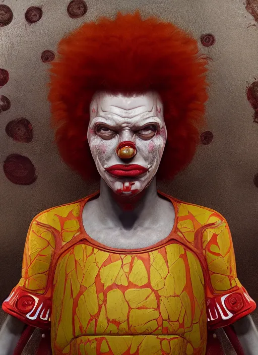 Image similar to biopunk portrait of ronald mcdonald, au naturel, hyper detailed, digital art, trending in artstation, cinematic lighting, studio quality, smooth render, unreal engine 5 rendered, octane rendered, art style by klimt and nixeu and ian sprigger and wlop and krenz cushart.