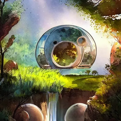 Image similar to beautiful happy picturesque charming sci - fi organic pod - like homes of the future in a beautiful natural scene. water, trees and rocks. beautiful light. soft colour scheme. beautiful artistic detailed watercolor by lurid. ( 2 0 2 2 )