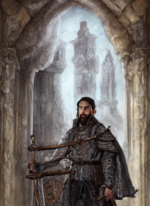 Image similar to a fantasy rpg portrait painting of a male cleric, old mystic ruins, afternoon, intricate, elegant, highly detailed, digital painting, sharp, focus