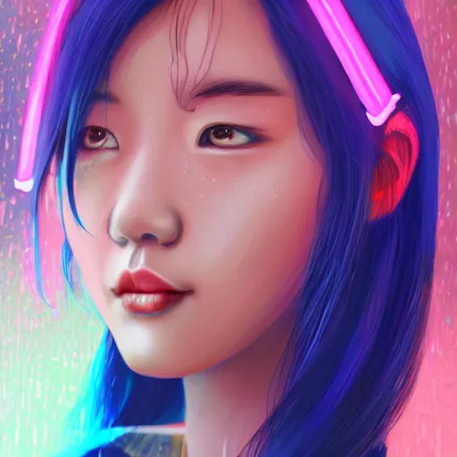 Prompt: a digital painting of a korean woman in the rain with blue hair, cute - fine - face, pretty face, cyberpunk art by sim sa - jeong, cgsociety, synchromism, detailed painting, glowing neon, digital illustration, perfect face, extremely fine details, realistic shaded lighting, dynamic colorful background
