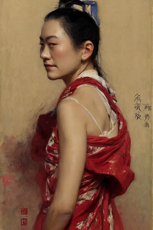 Prompt: Yvonne Strahovski by Solomon Joseph Solomon and Richard Schmid and Jeremy Lipking victorian genre painting full length portrait painting of 张国荣 in traditional costume