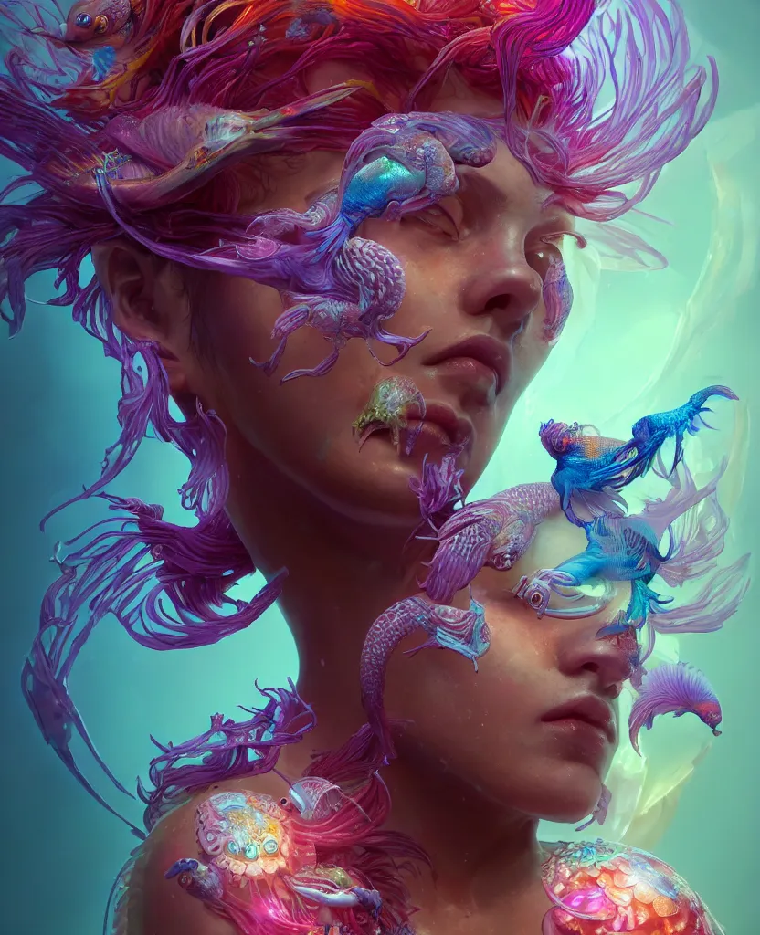 Image similar to goddess full color painted acryllic sculpture close-up portrait. orchid bird phoenix head, nautilus, skull, betta fish, bioluminiscent creatures, intricate artwork by Tooth Wu and wlop and beeple. octane render, trending on artstation, greg rutkowski very coherent symmetrical artwork. cinematic, hyper realism, high detail, octane render, 8k