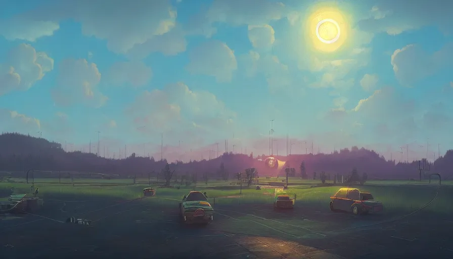 Image similar to hexagons in the sky in front of the sun, simon stalenhag