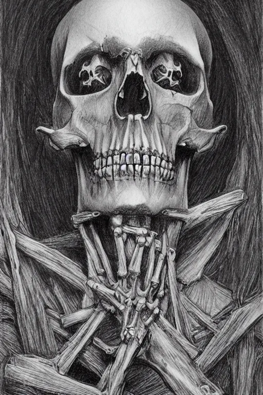 Image similar to crucified skeleton portrait album cover hyper detailed concept art sheet crosshatch sketch illustration art style by Jonathan Wayshak and Toshihiro Egawa and Zdizslaw Beksinski and Artstation trending 8k