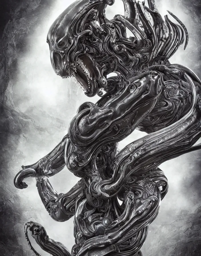 Image similar to engineer prometheus face by Artgerm, xenomorph alien, highly detailed, symmetrical long head, smooth marble surfaces, detailed ink illustration, raiden metal gear, cinematic smooth stone, deep aesthetic, concept art, post process, 4k, carved marble texture and silk cloth, latex skin, highly ornate intricate details, prometheus, evil, moody lighting, hr geiger, hayao miyazaki, indsutrial Steampunk