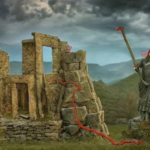 Image similar to the ruins of a village made out of stone, overgrown with red vines, with a broken stone statue of a man holding a sword in the middle of the ruins