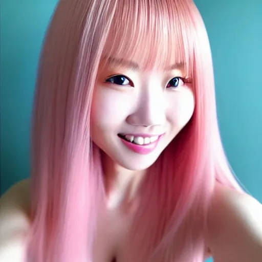 Image similar to beautiful hyperrealism selfie of nikki 苏 暖 暖 from shining nikki, a cute 3 d young woman smiling softly, long light pink hair and full bangs, flushed face, blushing, small heart - shaped face, soft features, amber eyes, chinese heritage, golden hour, 8 k, sharp focus, instagram