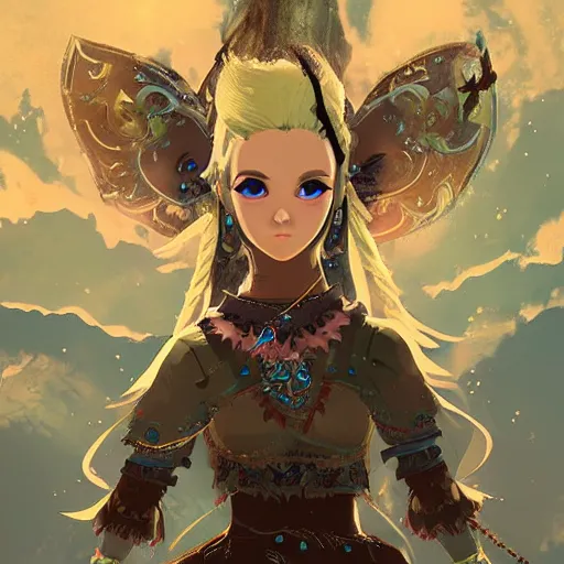 Image similar to kerli koiv in the art style of breath of the wild, grimdark dramatic lighting, digital art, intricate, highly detailed, matte painting, fine art