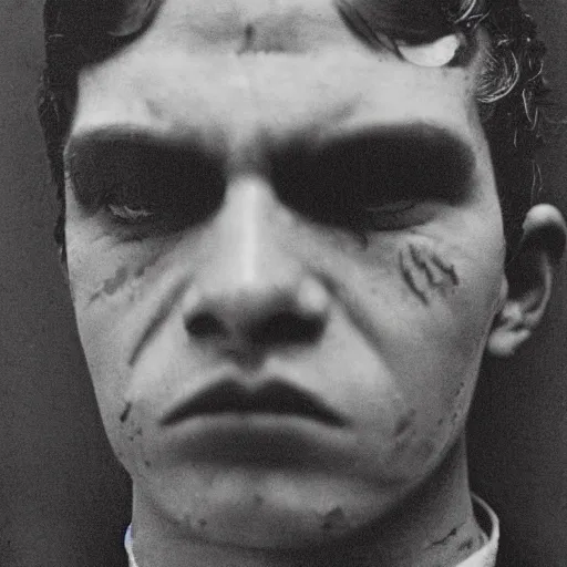 Image similar to close up photo portrait of a 19th century young ugly clean-face brutal male angry gangster with scars by Diane Arbus and Louis Daguerre