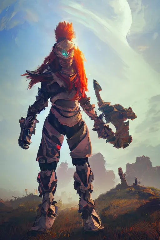 Image similar to combination suit armor aloy horizon forbidden west horizon zero dawn radiating a glowing aura global illumination ray tracing hdr fanart arstation by ian pesty and alena aenami artworks in 4 k tribal robot ninja mask helmet backpack