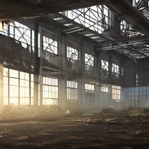 Prompt: abandoned industrial factory interior, god rays, digital art, trending on artstation