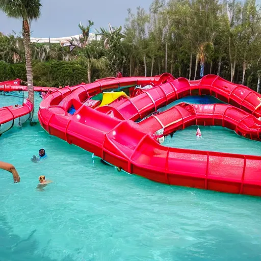 Image similar to the ugliest 1 star waterpark in the world with red dark water filled with trash, cracked broken slides, crowded,