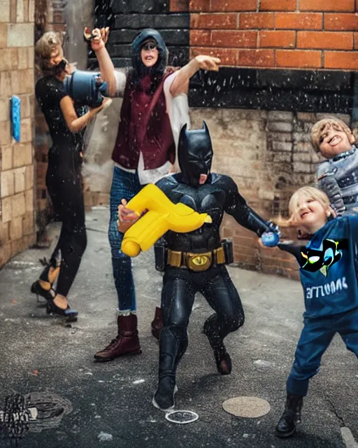 Image similar to happy batman firing super soaker water gun at playful criminals in an alleyway, everyone having fun, product advertisement, photography