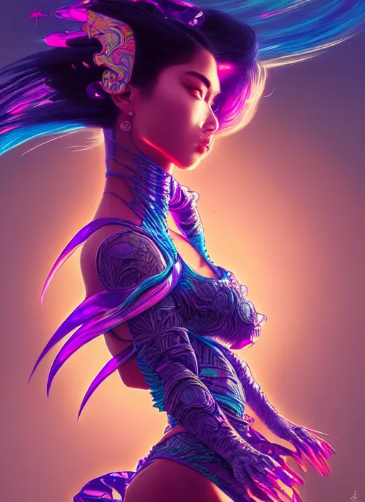 Image similar to hyper detailed ultra sharp of a beautiful ninja girl. trending on artstation, vaporwave aesthetic, synthwave, colorful, psychedelic, ornate, intricate, digital painting, concept art, smooth, sharp focus, illustration, art by artgerm and greg rutkowski and alphonse mucha, 8 k