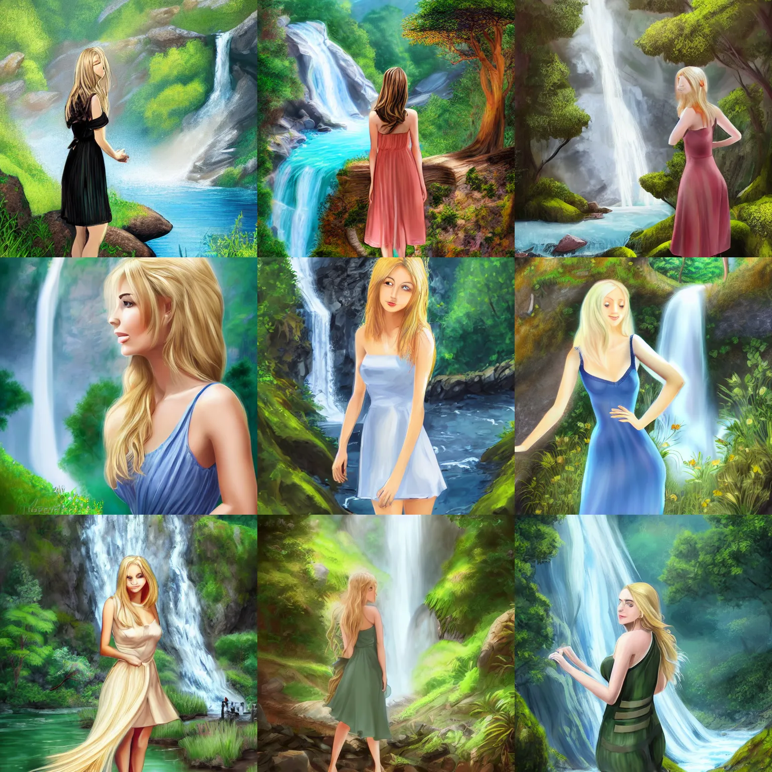 Prompt: beautiful woman in her late 20s wearing a summer dress, light blonde shoulder-length hair, standing near a waterfall at a cliff looking over the lush forest, digital art, digital painting, highly detailed and intricate