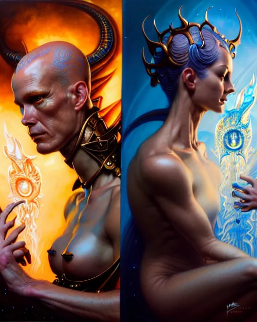 Image similar to a portrait of gemini water and fire fantasy character portrait facing each other, ultra realistic, wide angle, intricate details, the fifth element artifacts, highly detailed by peter mohrbacher, hajime sorayama, wayne barlowe, boris vallejo, aaron horkey, gaston bussiere, craig mullins