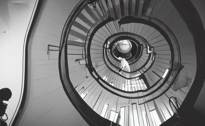 Image similar to zoomed out photo of frank ocean walking up a spiral staircase in the centre of the room, greyscale,