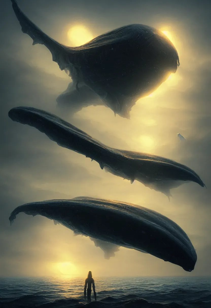 Image similar to strange alien sea creature flying up, autumn sunset, ultra high definition, ultra detailed, symmetry, fog, matte painting, by greg rutkowski and ross tran and wlop
