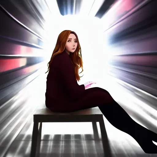 Image similar to Anime portrait of Elizabeth Olsen sitting down on a chair, trending on artstation, 4k, 8k, light tunnel effect!!!!!, anime art, anime style