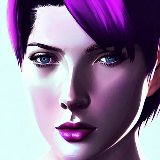 Image similar to A combination of Grace Kelly's and Katheryn Winnick's and Ashley Greene's faces with short violet hair as Motoko Kusanagi from Ghost in The Shell, cyberpunk style, synthwave aesthetic, fantasy, intricate, elegant, highly detailed, digital painting, artstation, concept art, matte, sharp focus, illustration, half body portrait, art by Artgerm and Greg Rutkowski and Alphonse Mucha