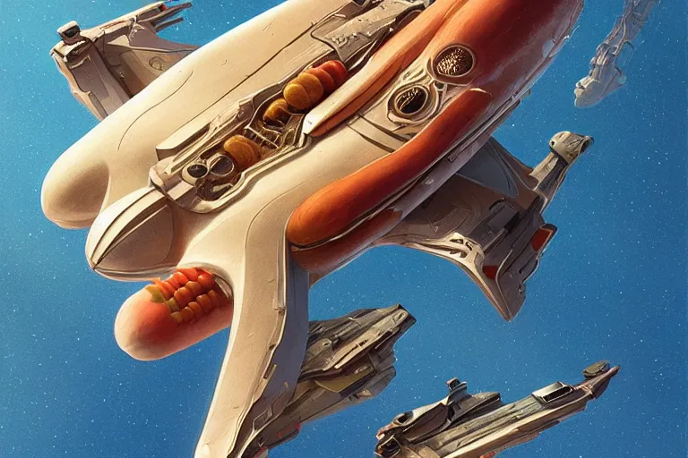 Image similar to ultra realistic illustration, starship in a shape of an hot dog, intricate, elegant, highly detailed, nobodies, digital painting, artstation, concept art, smooth, sharp focus, illustration, art by artgerm and greg rutkowski and alphonse mucha