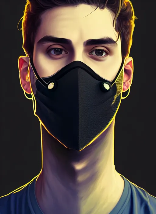 Prompt: handsome young man with black medical mask, half body shot, path traced, highly detailed, high quality, digital painting, alena aenami, lilia alvarado, shinji aramaki, karol bak, alphonse mucha, tom bagshaw