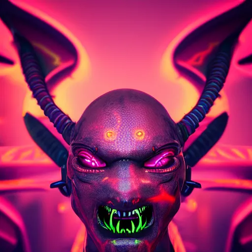 Image similar to synthwave demonic alien face with neon tattos, detailed face, sharp focus, synthwave art, aesthetic, octane render, raw, cinematic, colorful