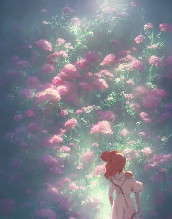 Image similar to beautiful flower bouquet, concept art, daytime ethereal anime, high detail Impressionist style, dreamy light color palette, style of studio ghibli and moebius, concept art stunning atmosphere, trending on artstation, volumetric light