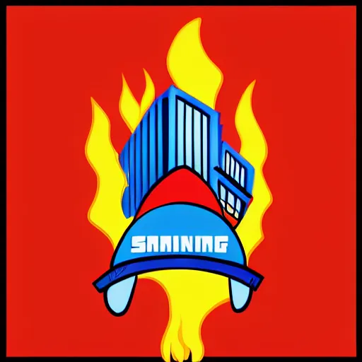 Image similar to cartoon building on fire as logo, burning, flames, symmetrical, washed out color, centered, art deco, 1 9 5 0's futuristic, glowing highlights, peaceful