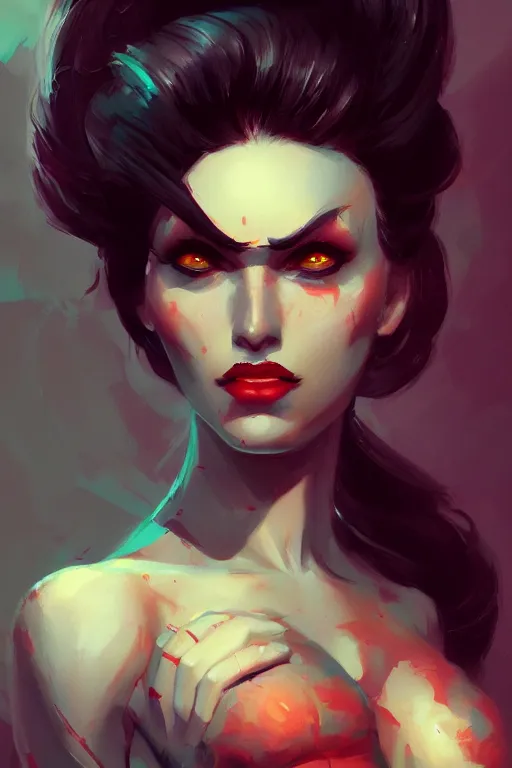 Image similar to closeup portrait noir femme fatale by sabbas apterus and james jean, warm saturated colors, concept art, beautiful composition, digital painting, trending on artstation