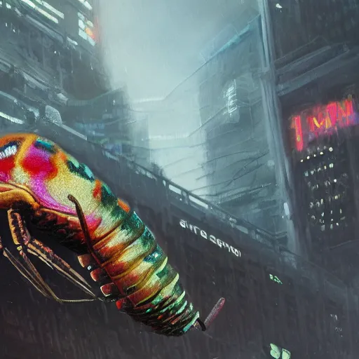 Image similar to ultra realist and ultra intricate detailed soft painting of a sci fi mantis shrimp, from the waist up, sci-fi helmet, symmetry features, sensual gloomy style, volumetric clouds, cyberpunk burning building background, artstation, unreal render, depth of field