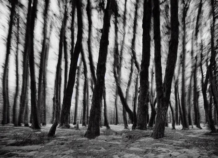 Prompt: giant trees, small people by Andrei Tarkovsky, lomography photo, blur, monochrome