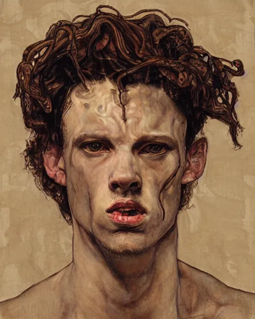 Image similar to portrait of male medusa by greg rutkowski in the style of egon schiele