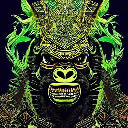 Image similar to barong family member, wiwek, mara demon, one single tribe member, jungle, one single mask, dark, ancient warrior, gorilla, lizard, tribal, inner glow, art by dan mumford and justin gerard