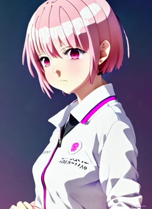 Image similar to anime portrait of a beautiful woman, pink hair, wearing white polo and dark jacket, ilya kuvshinov, anime, pixiv top monthly, trending on artstation, cinematic, danbooru, zerochan art, kyoto animation