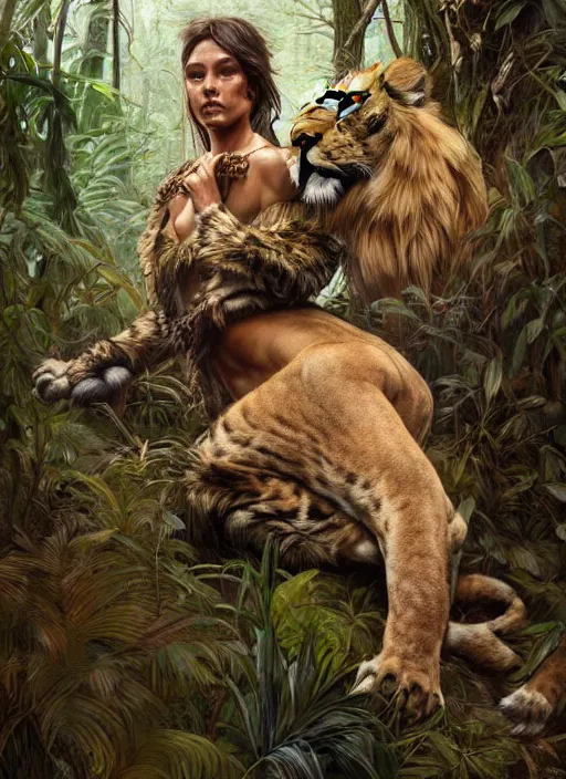 Image similar to perfectly - portrait of a wild huntress living in the jungle wearing a dead lions skin, intricate, highly detailed, digital painting, artstation, concept art, smooth, sharp focus, illustration, unreal engine 5, 8 k, art by artgerm and greg rutkowski and alphonse mucha