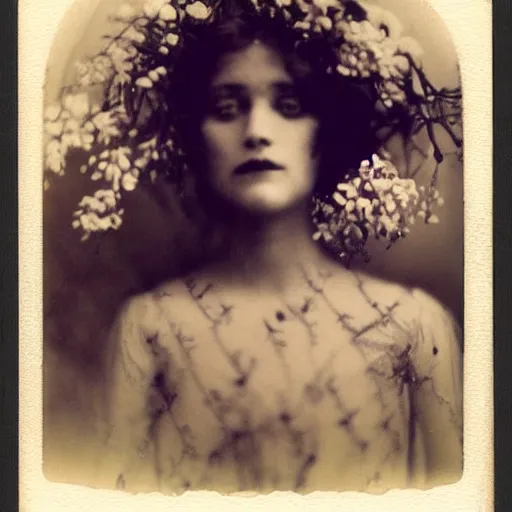 Image similar to portrait of a beautiful woman corpse covered in flowers, 1910 polaroid photography,