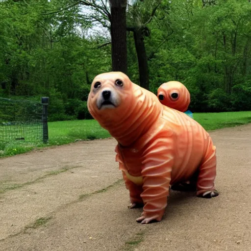 Prompt: a photo of a living dog - sized tardigrade with translucent skin walking in a park. the tardigrade evolved to be this large.